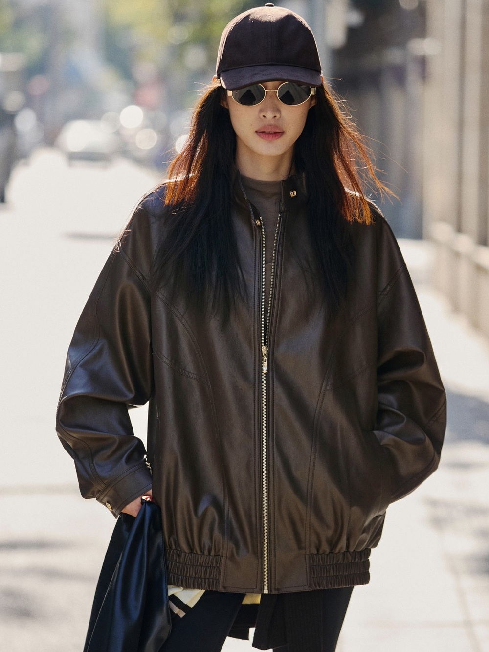 NWT Peacebird Brown Faux Leather Oversized Bomber Jacket Size L